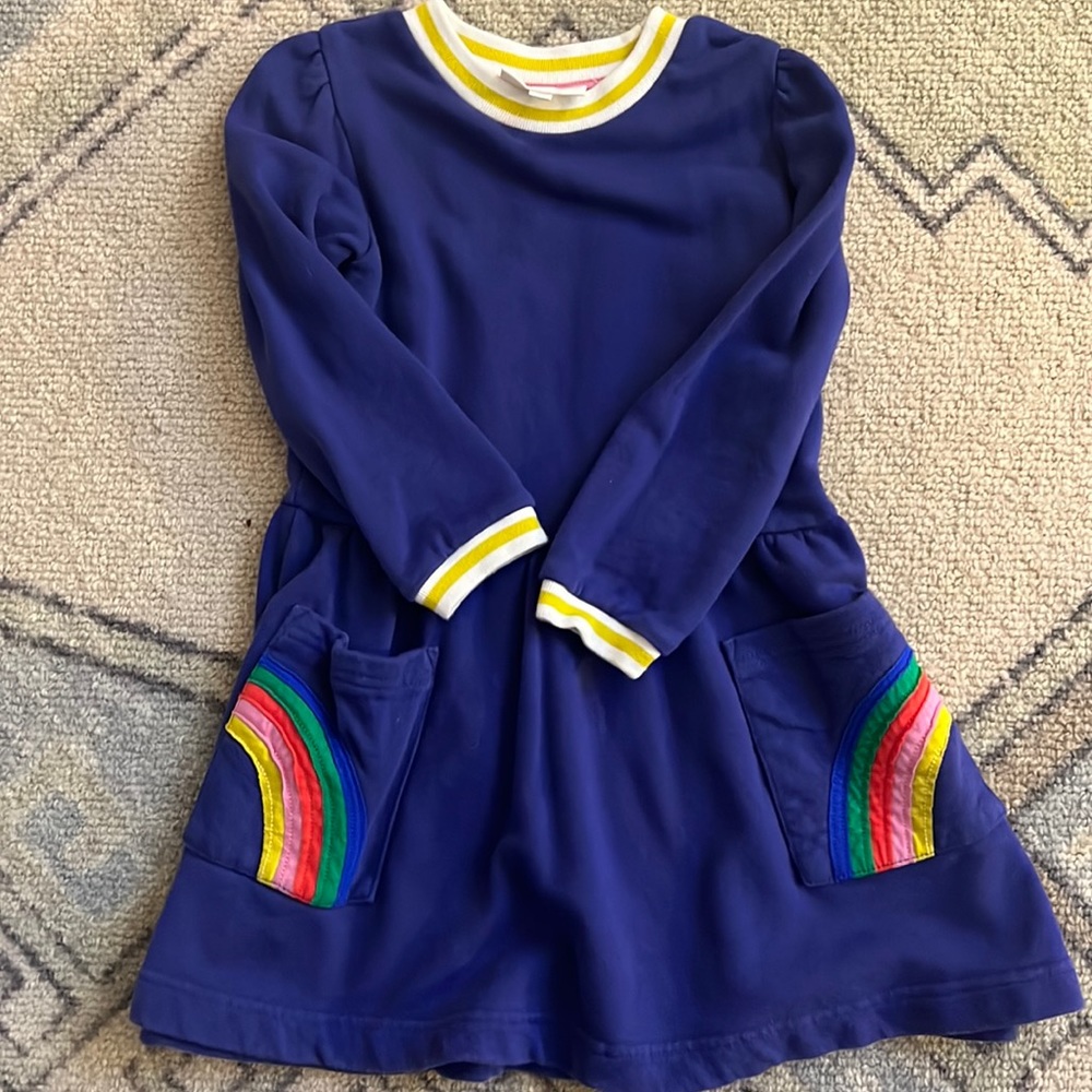 Mini Boden size 5-6Y, navy sweatshirt dress with rainbows